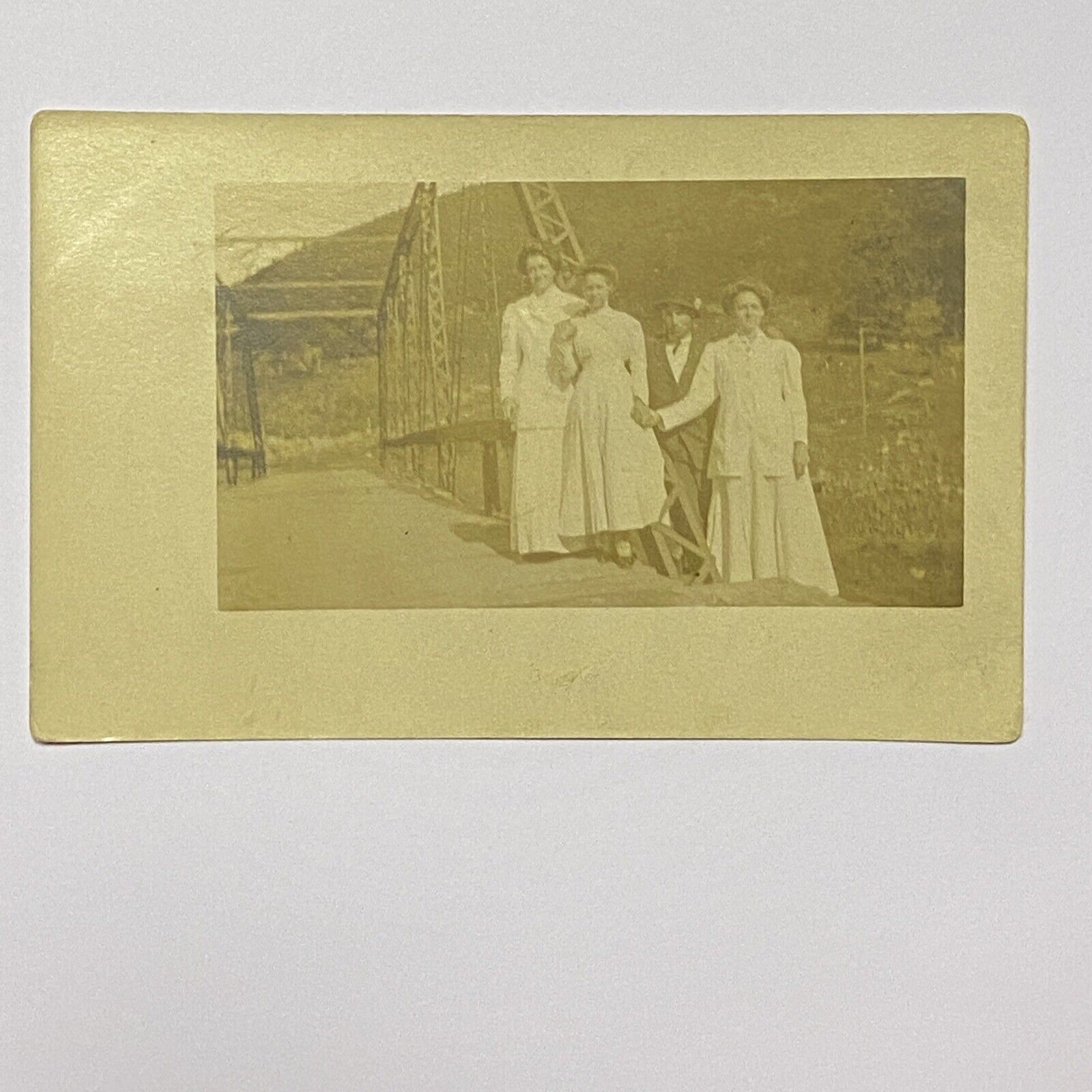 Three Women & One Man At A Small Country Bridge Postcard RPPC UNP c1900’s