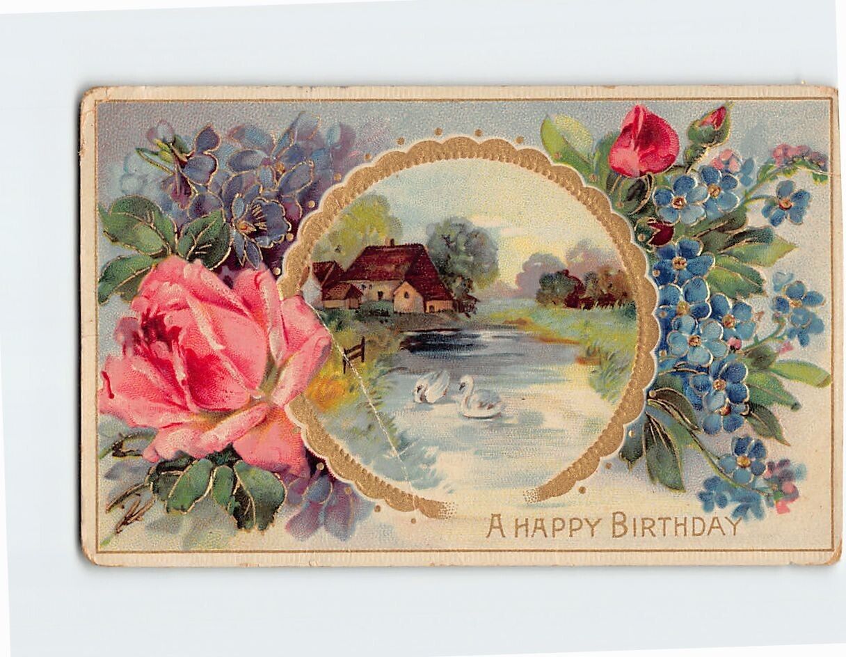 Postcard A Happy Birthday with Flowers Embossed Art Print