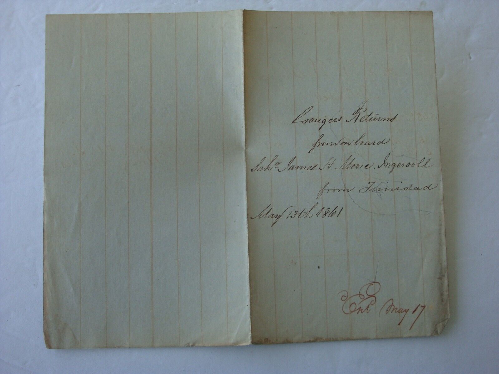 1861 Schooner James H Moore Custom House Port Philadelphia Ship Document