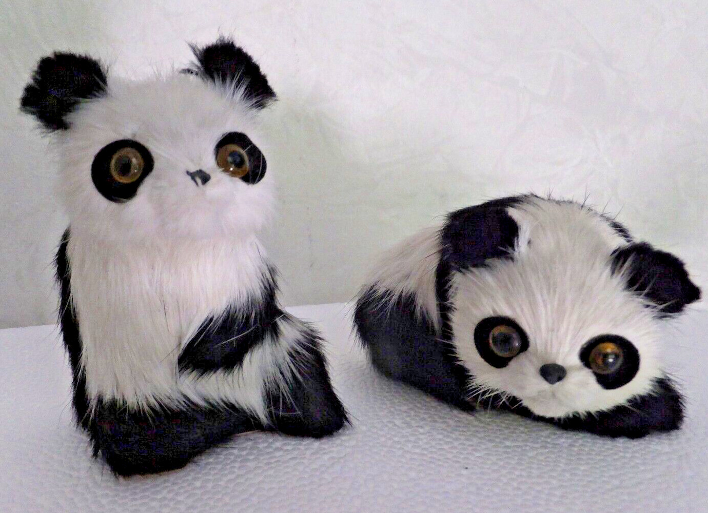 Vintage Real Fur Adorable Panda Bear Figurines Set of 2 Leather bases