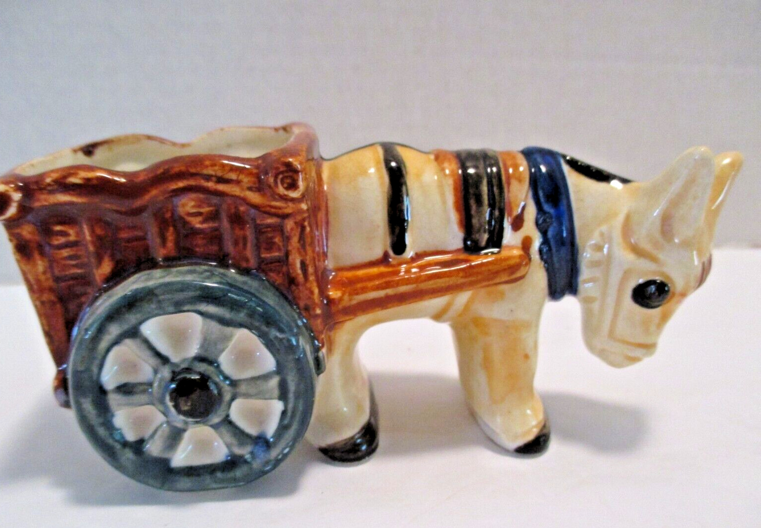 Vintage Occupied Japan Colorful Donkey w/ Cart Ceramic Planter  5 1/4\