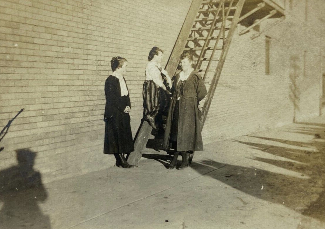 Three Women Standing At Bottom Of Stairs On Sidewalk B&W Photograph 2.25 x 3.25