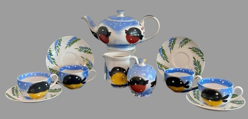 Unique European Snowbird Tea Set Decorative Winter Collectible  Décor  11 Pieces