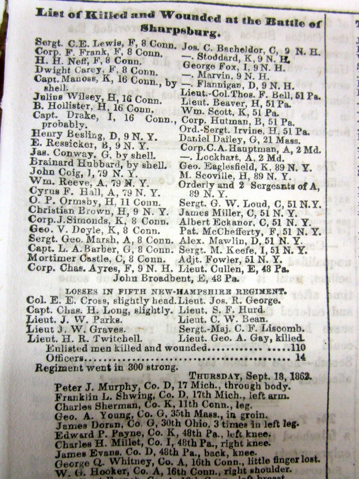 1862 Civil War newspaper BATTLE O ANTIETAM Sharpsburg MARYLAND List-DEAD Wounded
