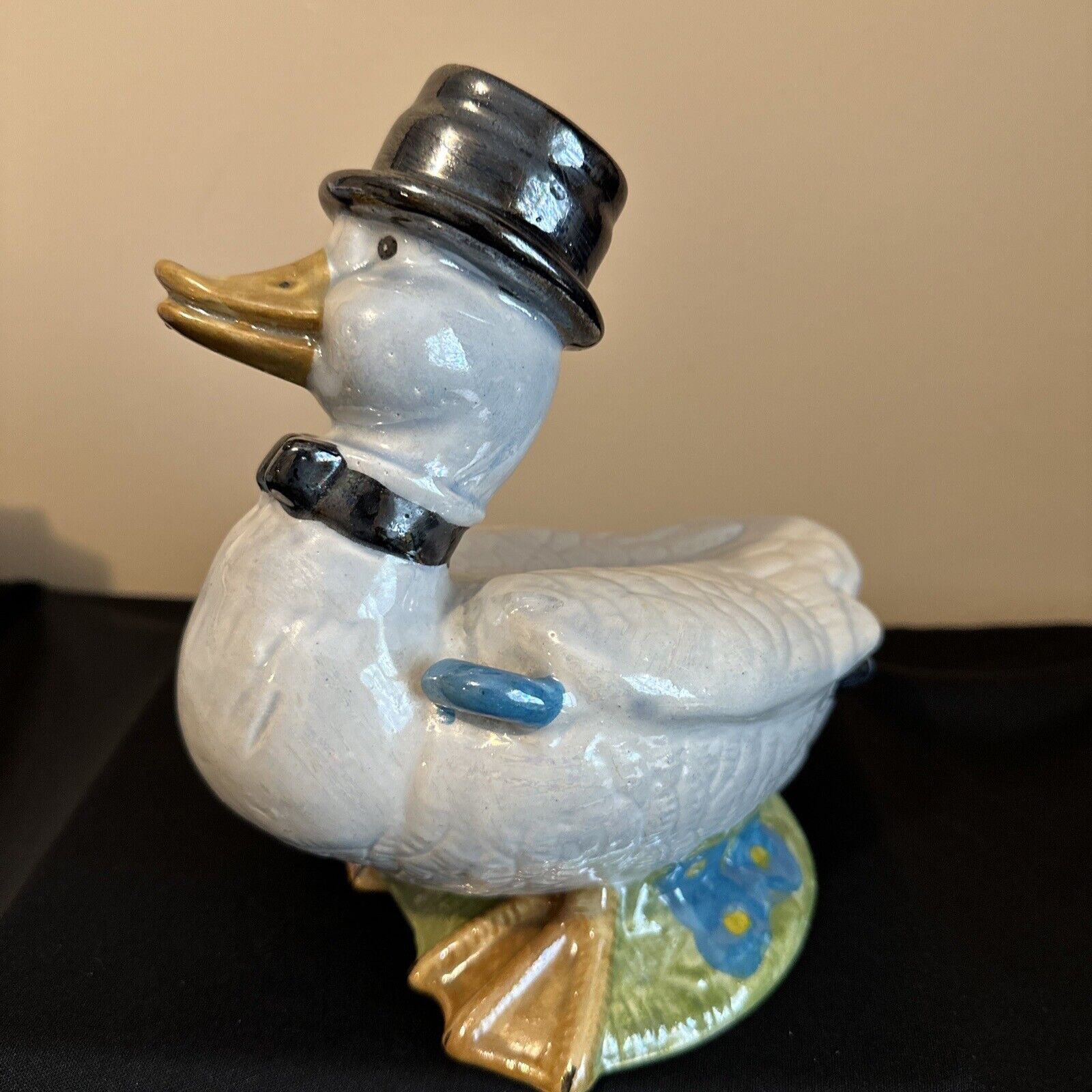 Whimsical Ceramic Duck Figure Sculpture Top Hat Bow Tie Vintage