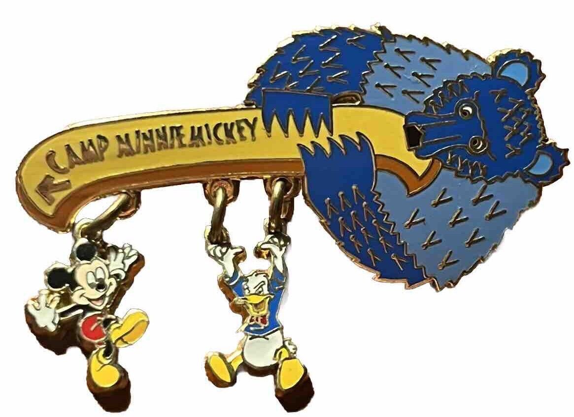 Disney Pin WDW Camp Minnie Mickey -Donald & Mickey Dangle From Canoe Blue Bear
