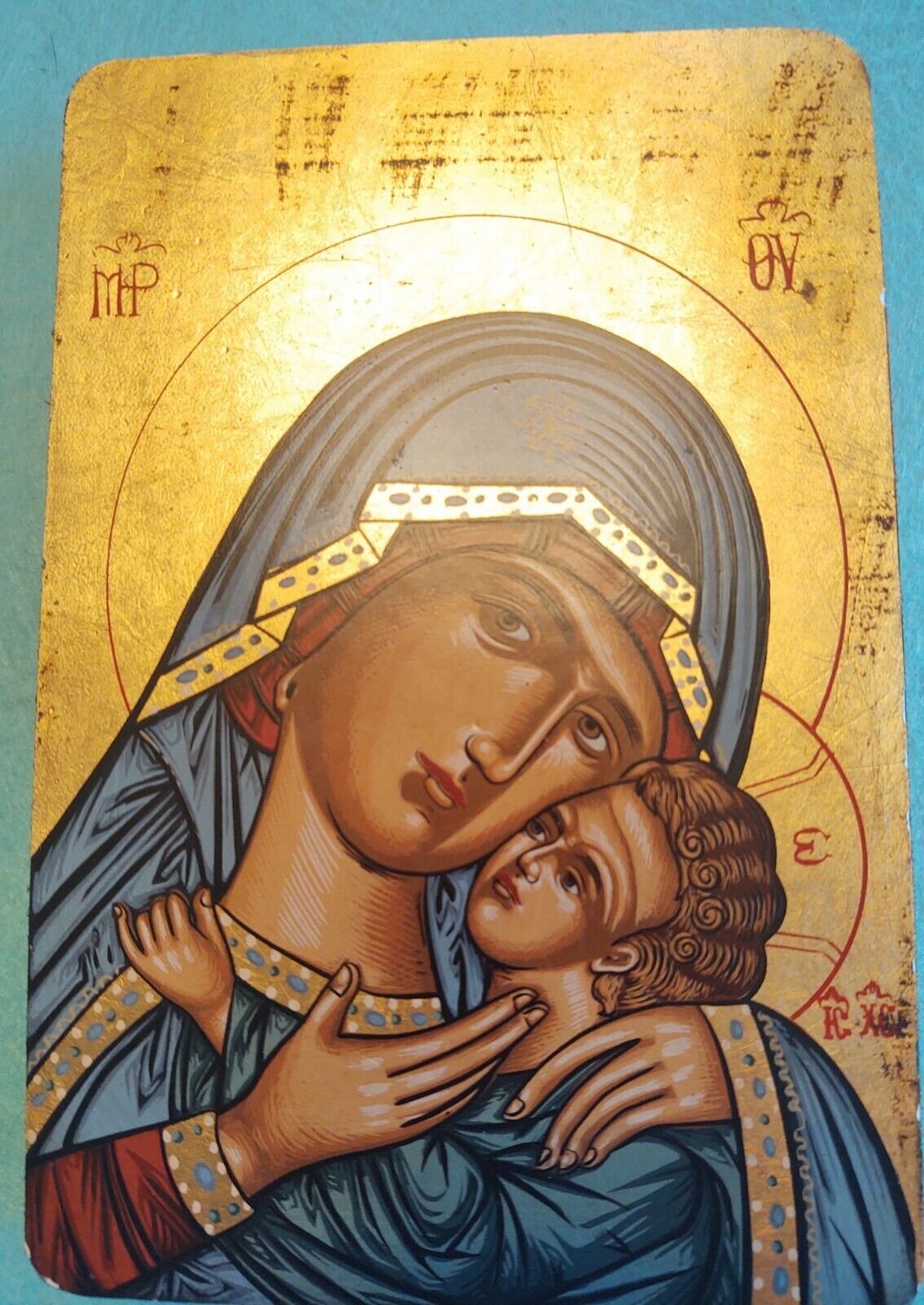 Vintage Byzantine Icon Mother/Child Hand Painted/22 kt Gold Leaf on Wood 4.5 x 7
