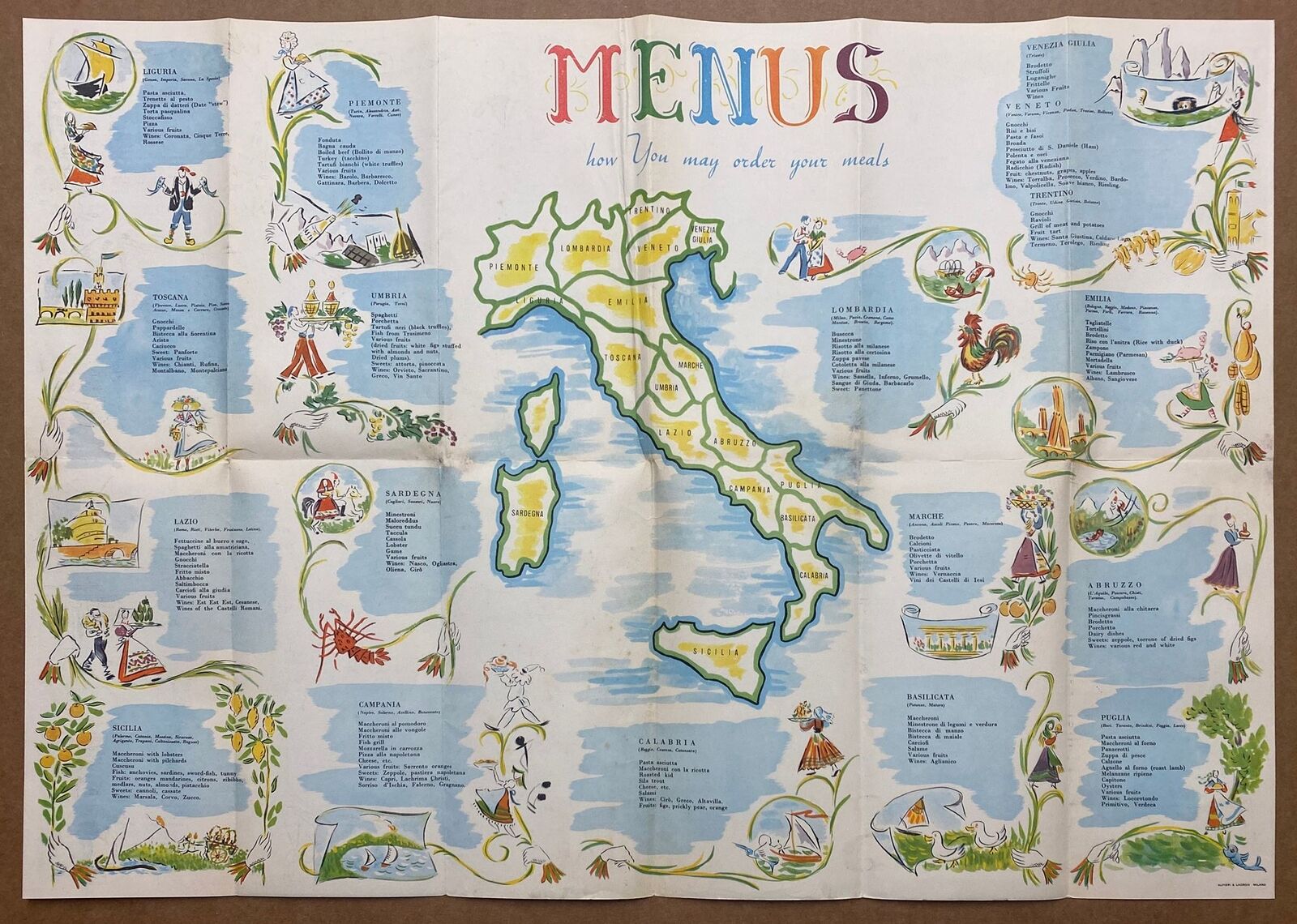 c.1954 Eating The Italian Way Italy Cuisine Pictorial Map Brochure Vintage