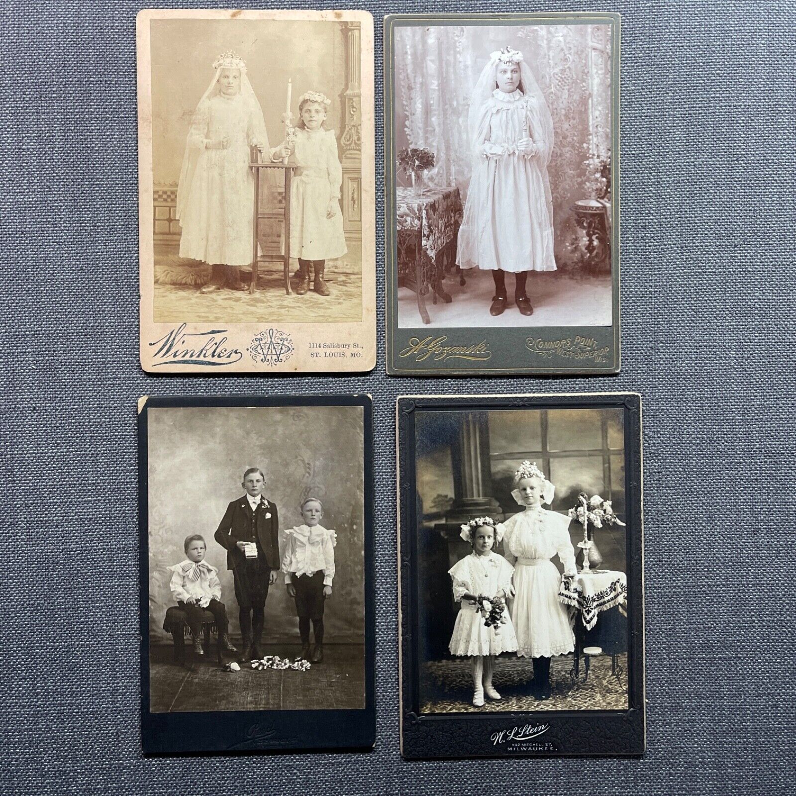 Antique Cabinet Card Photo Lot of 4 Children First Communion White Dresses US