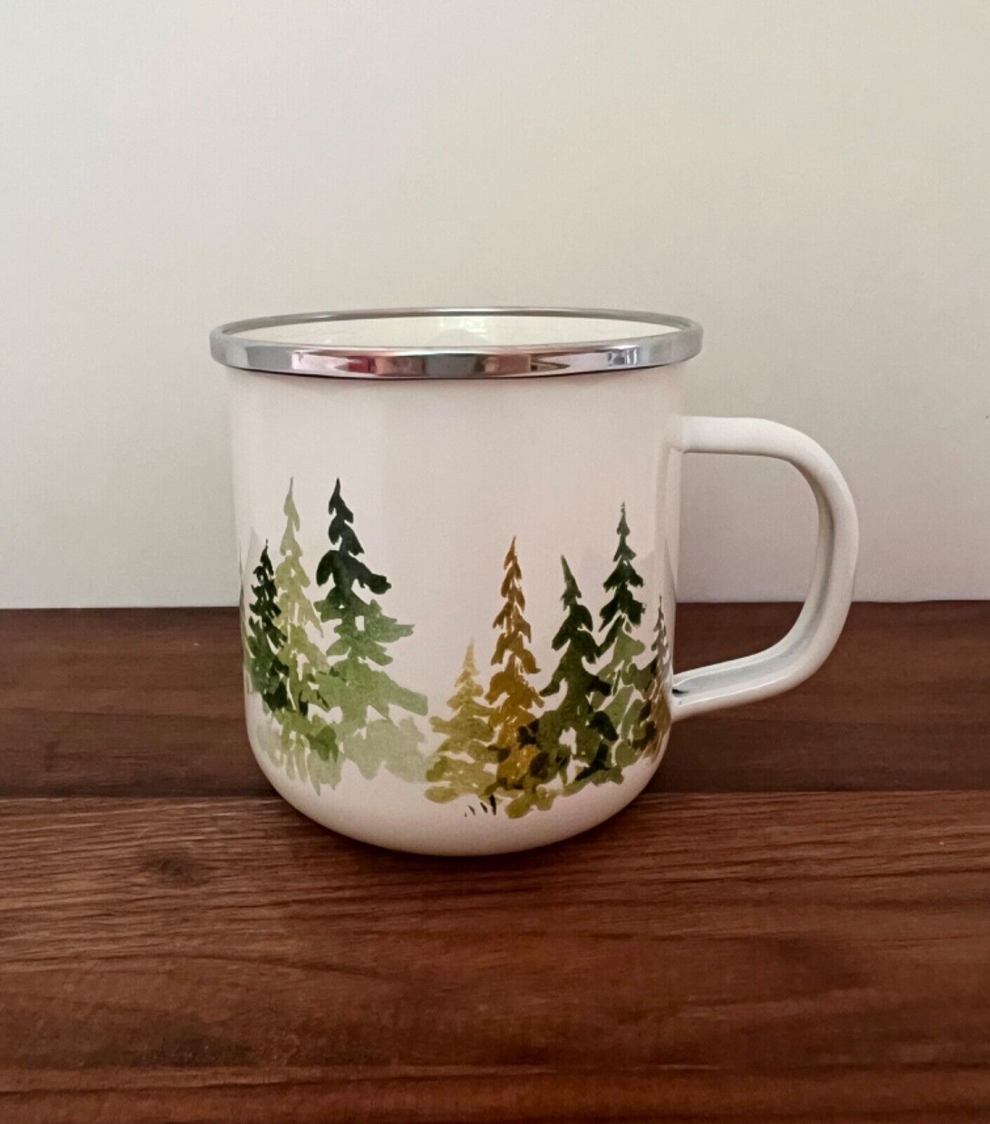 LL Bean Metal Enamel Camping Mug Coffee Cup Evergreen Trees