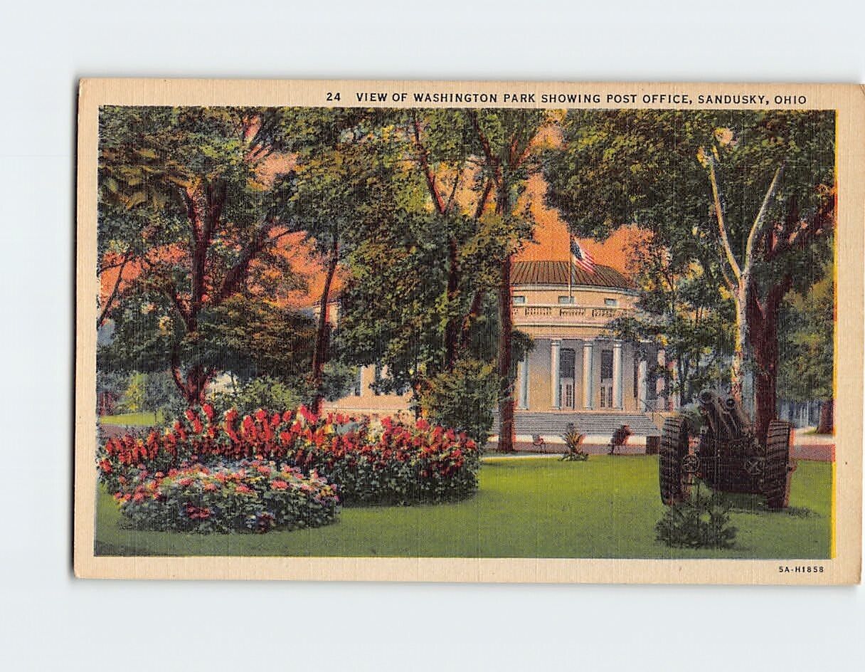 Postcard View Of Washington Park, Showing Post Office, Sandusky, Ohio