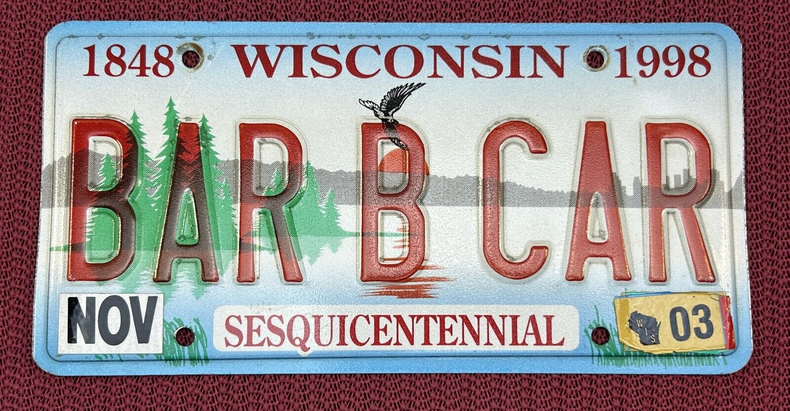 Vintage Vanity Wisconsin License Plate Sesquicentennial BARBCAR BAR B CAR Barbie