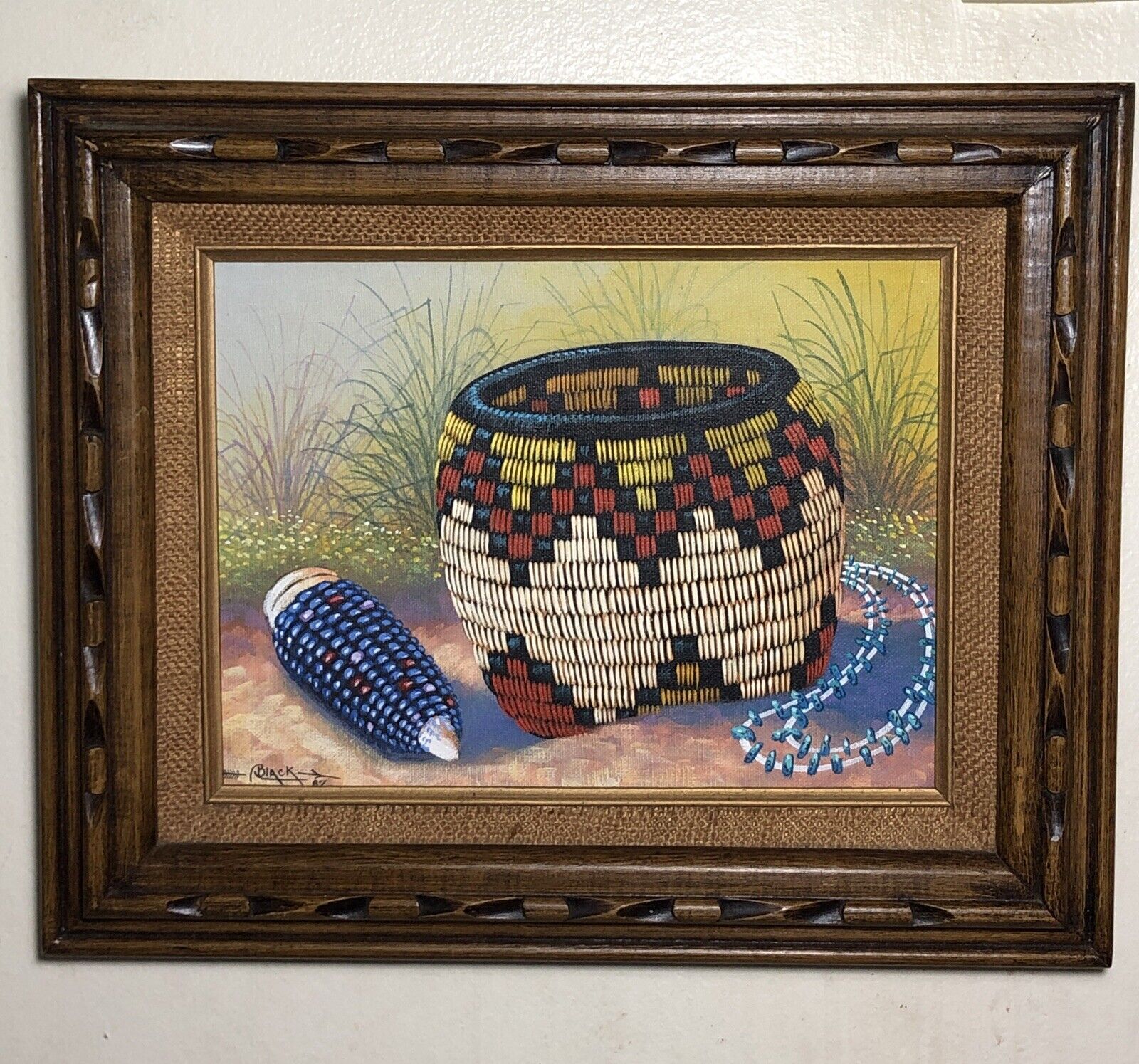 Hopi-Basket-Native-American-Painting-Framed Signed Dated - Jackie Black 87