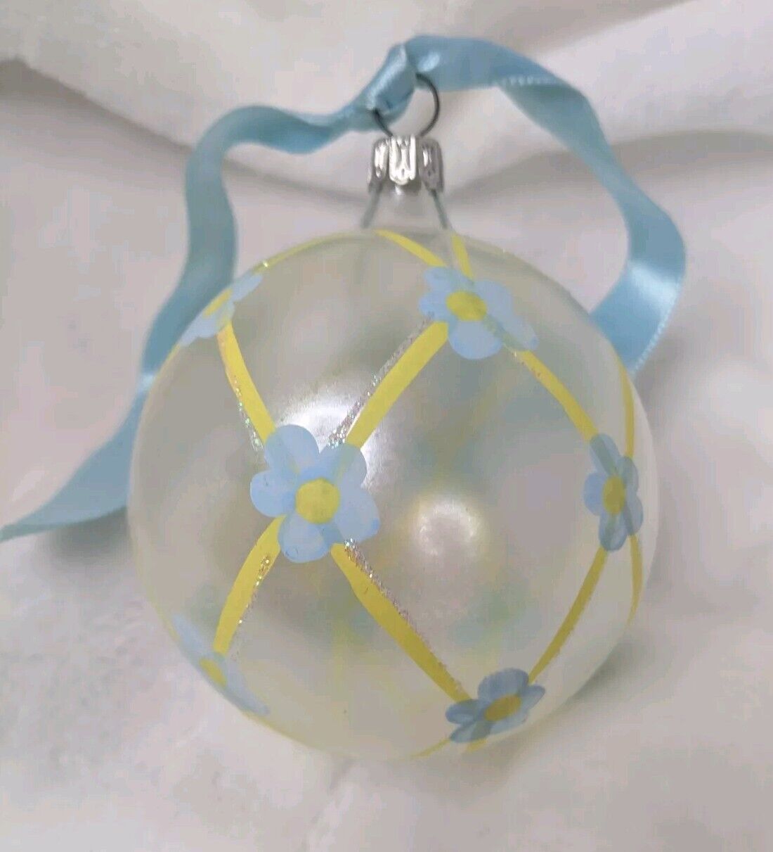 Vintage Glass Ball Ornament Frosted with Yellow and Blue Flowers 