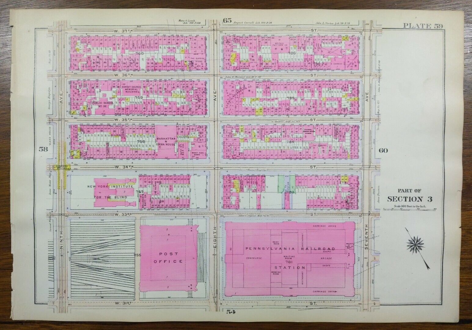 1916 GARMENT DISTRICT PENN STATION MANHATTAN NEW YORK CITY ~ Land & Street Map