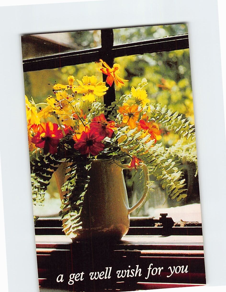 Postcard A get well wish for you with Flowers Vase Window Picture