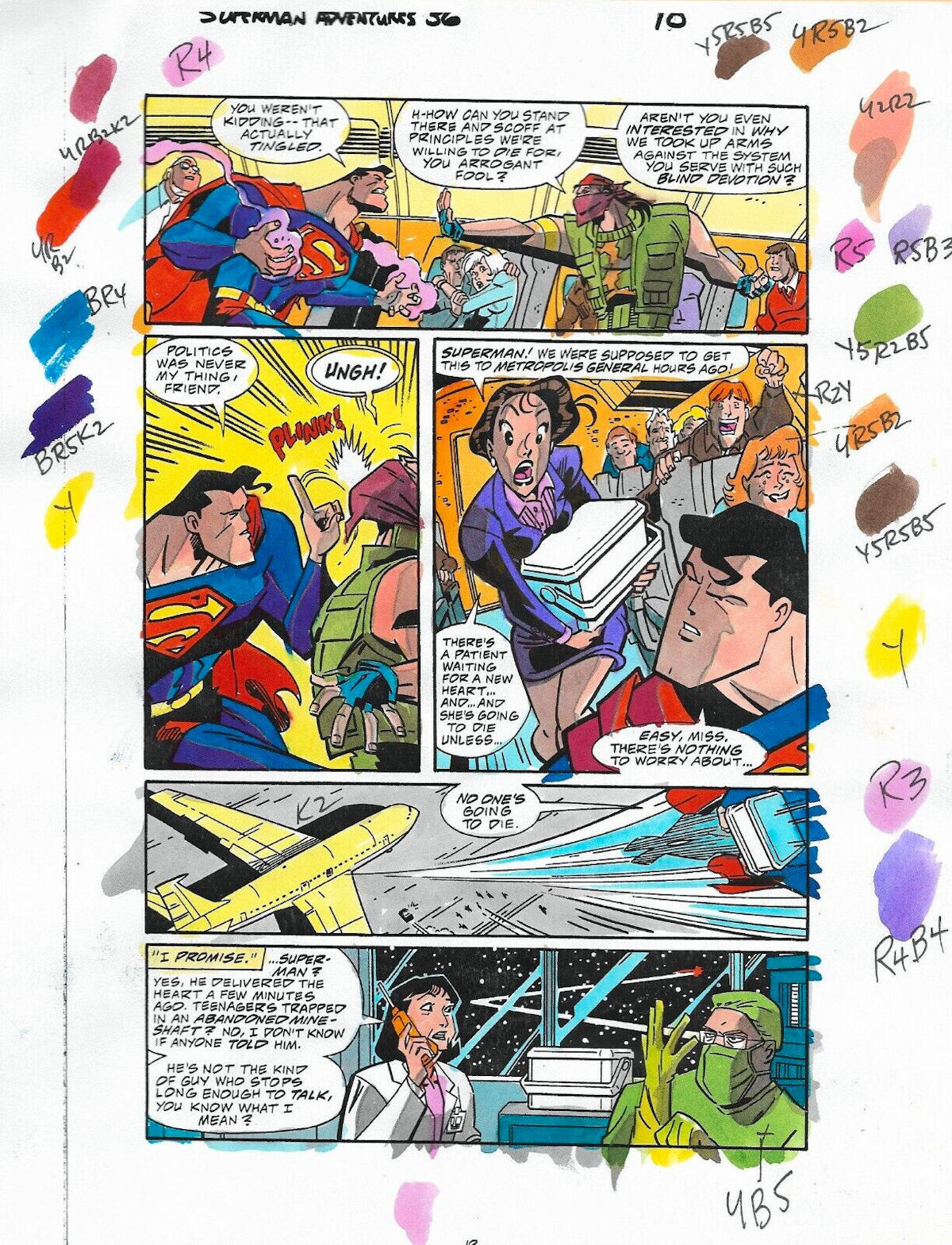 Original 1999 Superman Adventures 36 color guide colorist art page 10, DC Comics