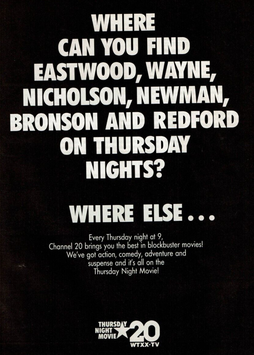 1986 Vintage Print Ad WTXX-TV 20 Thursday Night Movie Eastwood Wayne Nicholson