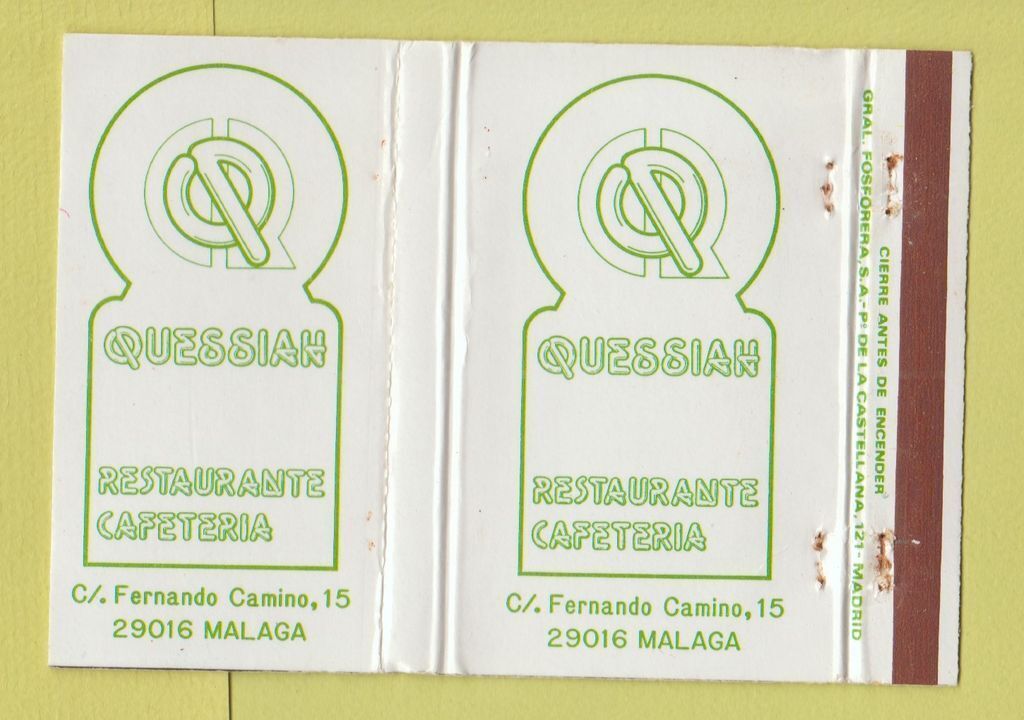 Matchbook Cover - Quessian Restaurante Malaga Spain 40 Strike