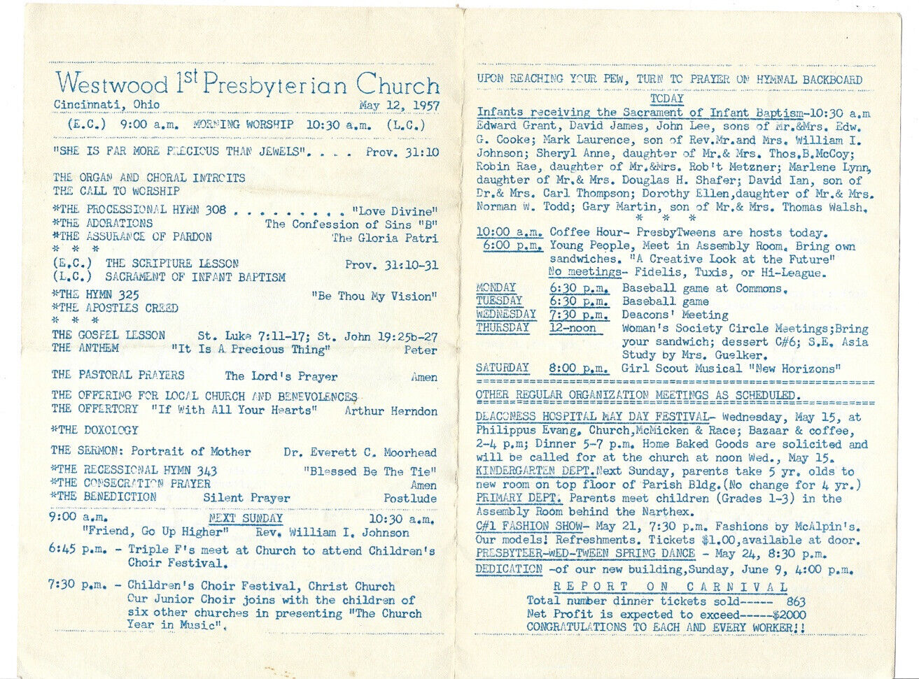 c1957 Westwood 1st Presbyterian Church Cincinnati Ohio OH Program Service Vtg