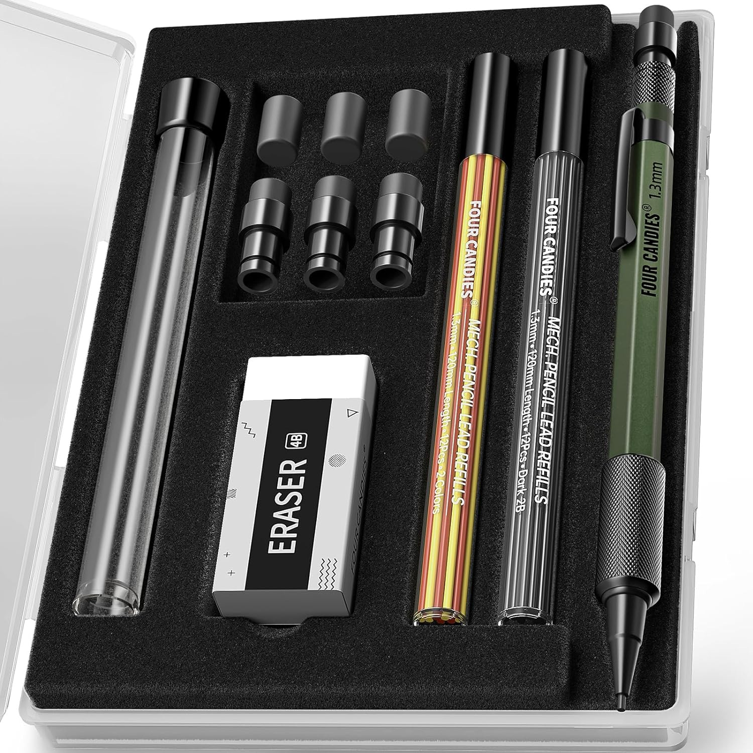 Four Candies 1.3Mm Mechanical Pencil Set with Case, Metal Heavy Duty Outdoor Car