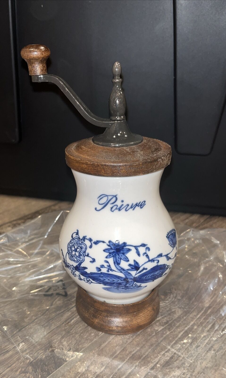 Porcelain & Wood  Blue& White Pepper Mill Grinder Floral Design Vintage