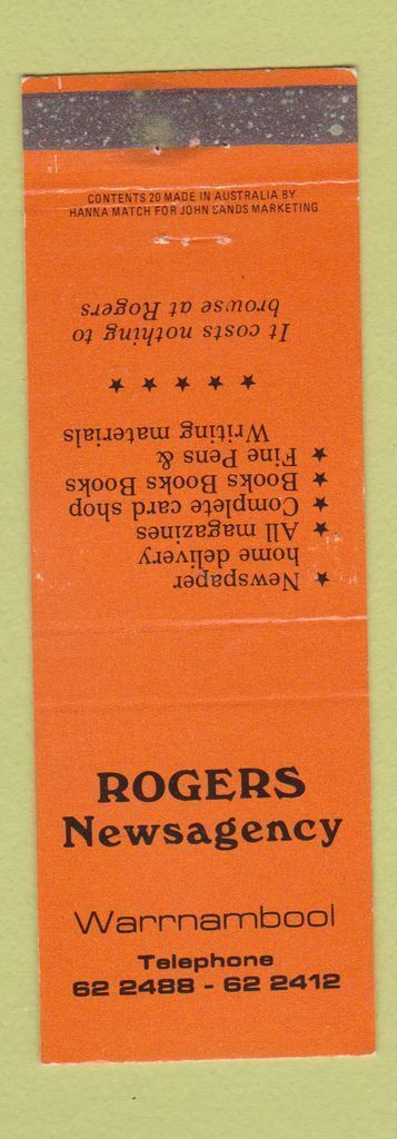 Matchbook Cover - Rogers News Agency Warrnambool New Zealand