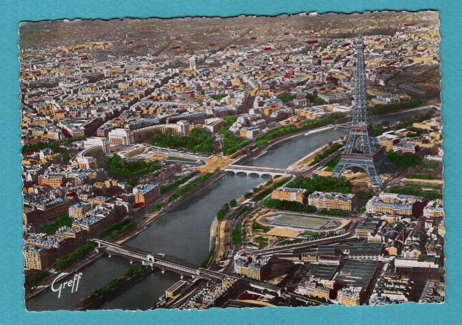 Paris - Aerial view: The Seine, Eiffel Tower / CPA, old postcard / PE