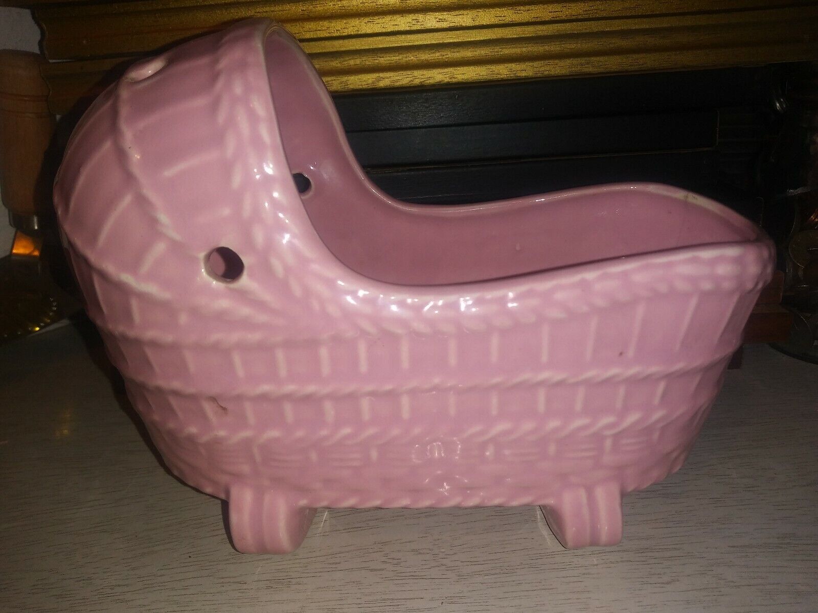 vintage ceramic new baby bassinet planter pink 1955