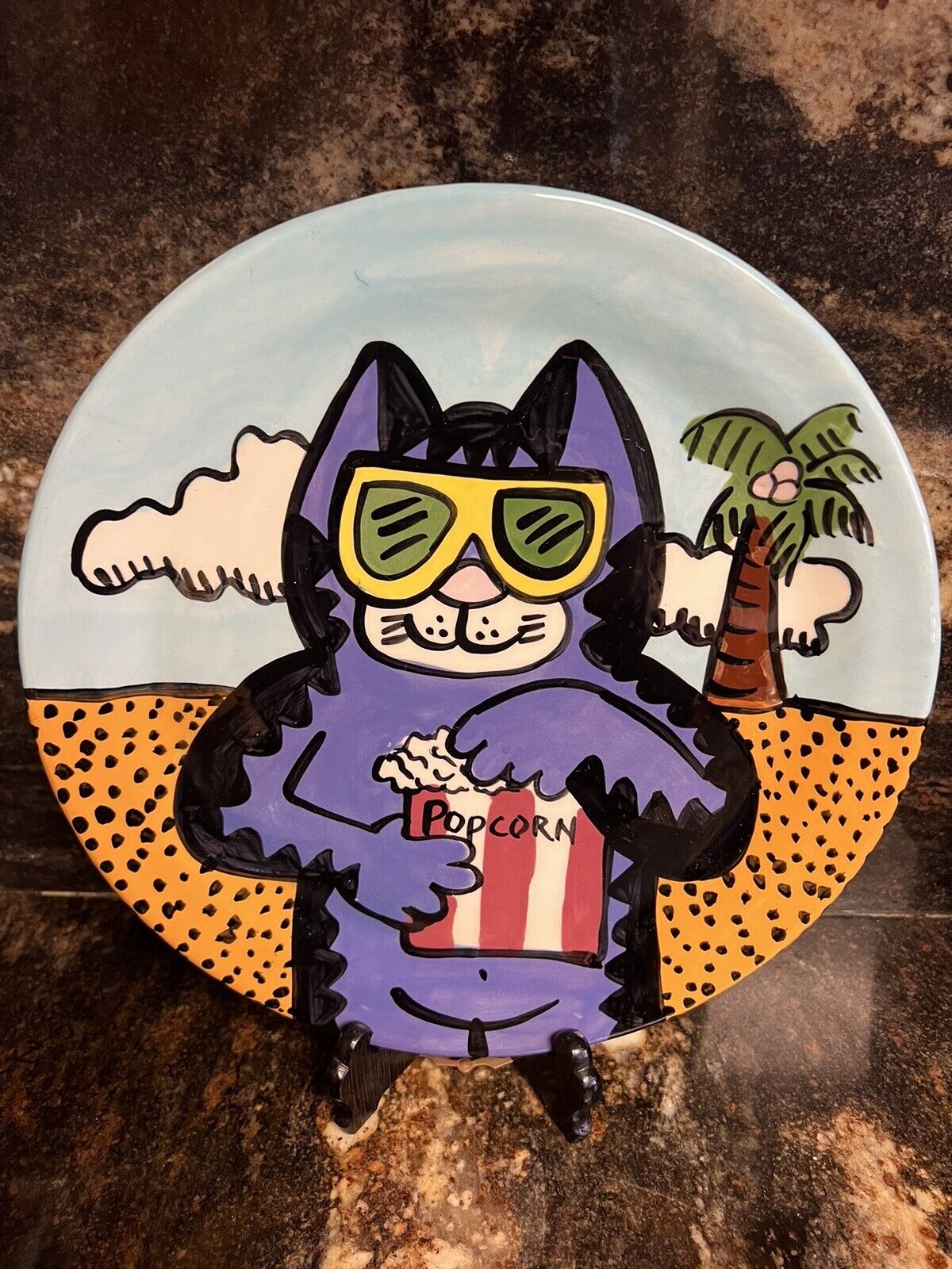 1990\'s Jay & Toni Mann Plate Purple Cat With Popcorn Signed 10.5” Rare Vintage