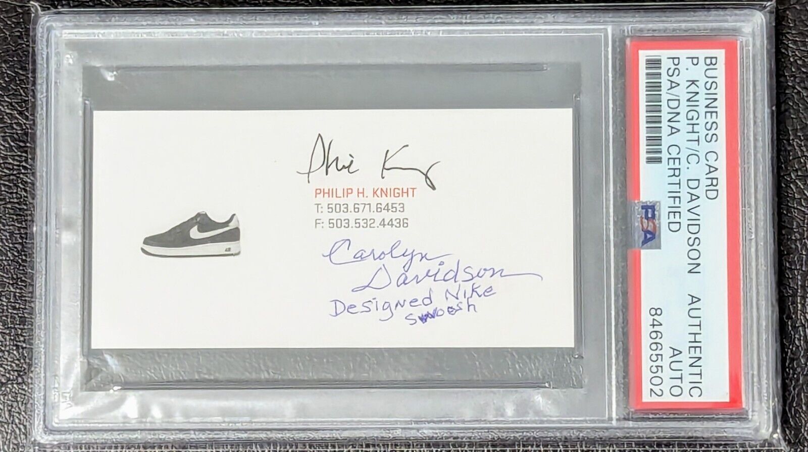 Phil Knight PSA Signed Vintage Nike Shoe Business Card Carolyn Davidson Signed
