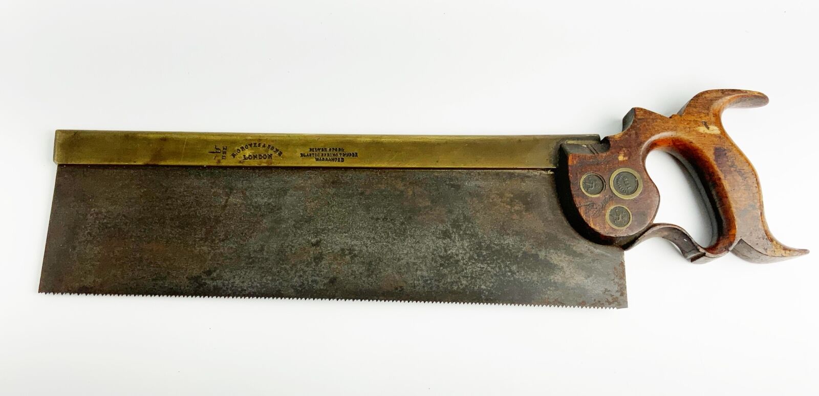 Antique brass back R. Groves & son dovetail saw early split nut Silver Steel