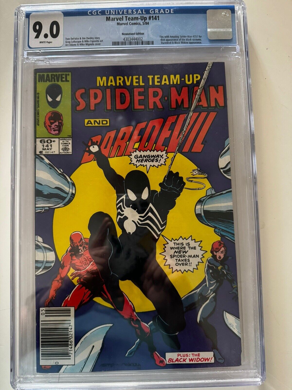 MARVEL TEAM-UP #141 CGC 9.0 NEWSSTAND WHITE PAGES  1984 1st Black Costume Tie