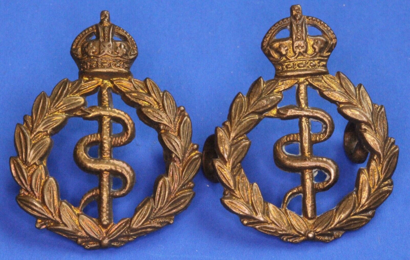 British Army WW1 - Pair Royal Army Medical Corps brass Collar Badge [RAMC1]