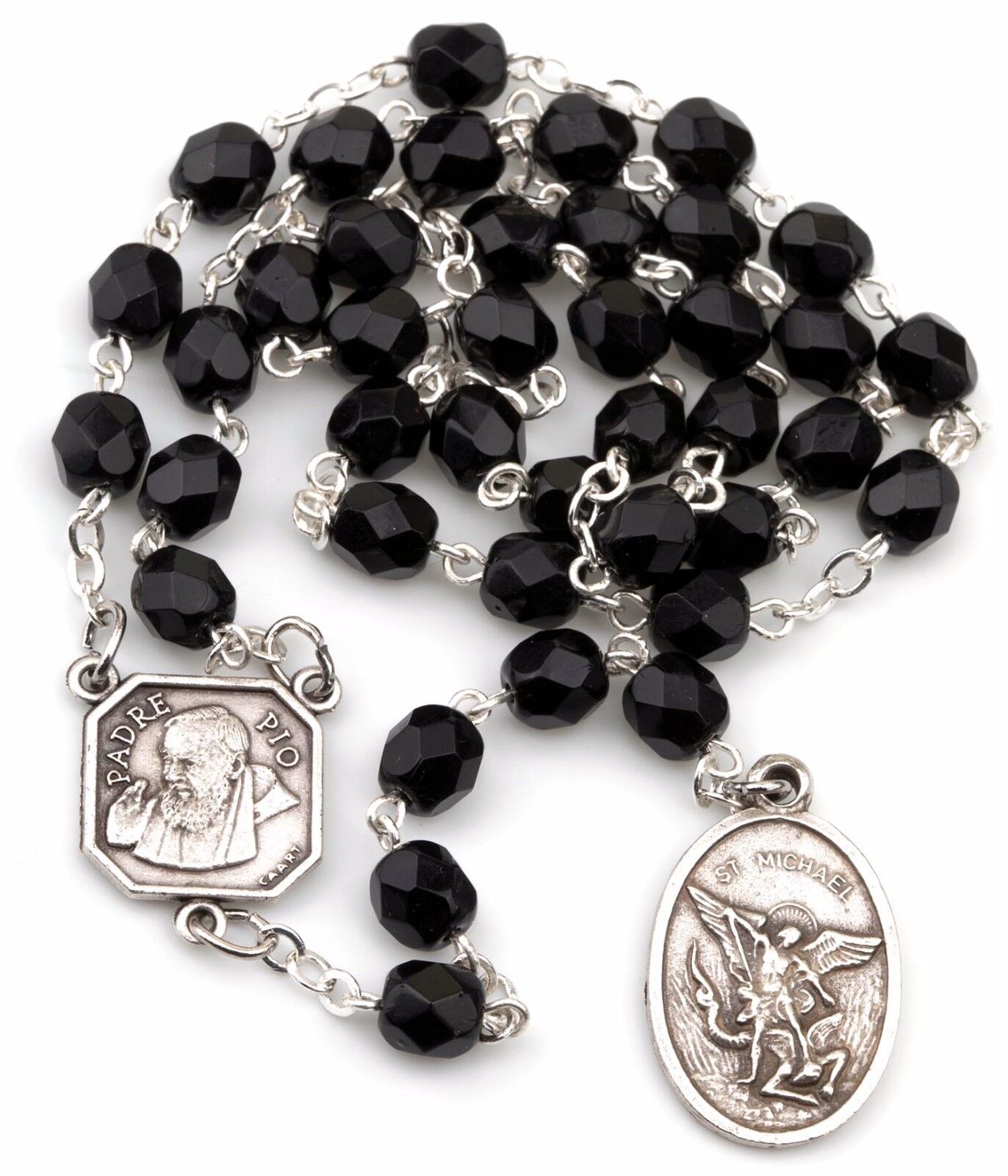 Jet Black St Saint Michael Padre Pio Guardian Angel Rosary Beads Chaplet 6MM
