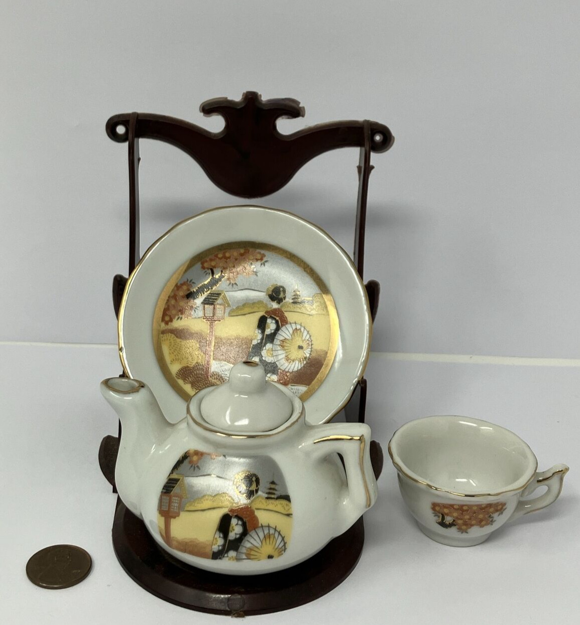 Vintage Porcelain Hand Painted Geisha Girl Mini Tea Set Japan Miniature 4 Peice