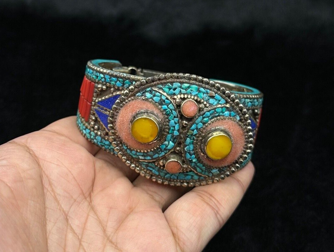 Beautiful Vintage Tibetan Nepalese Cuff Bangle With Turquoise Amber Coral Stone
