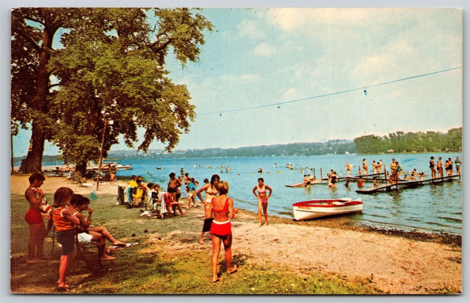 Postcard Conesus Lake, New York beach scene P181
