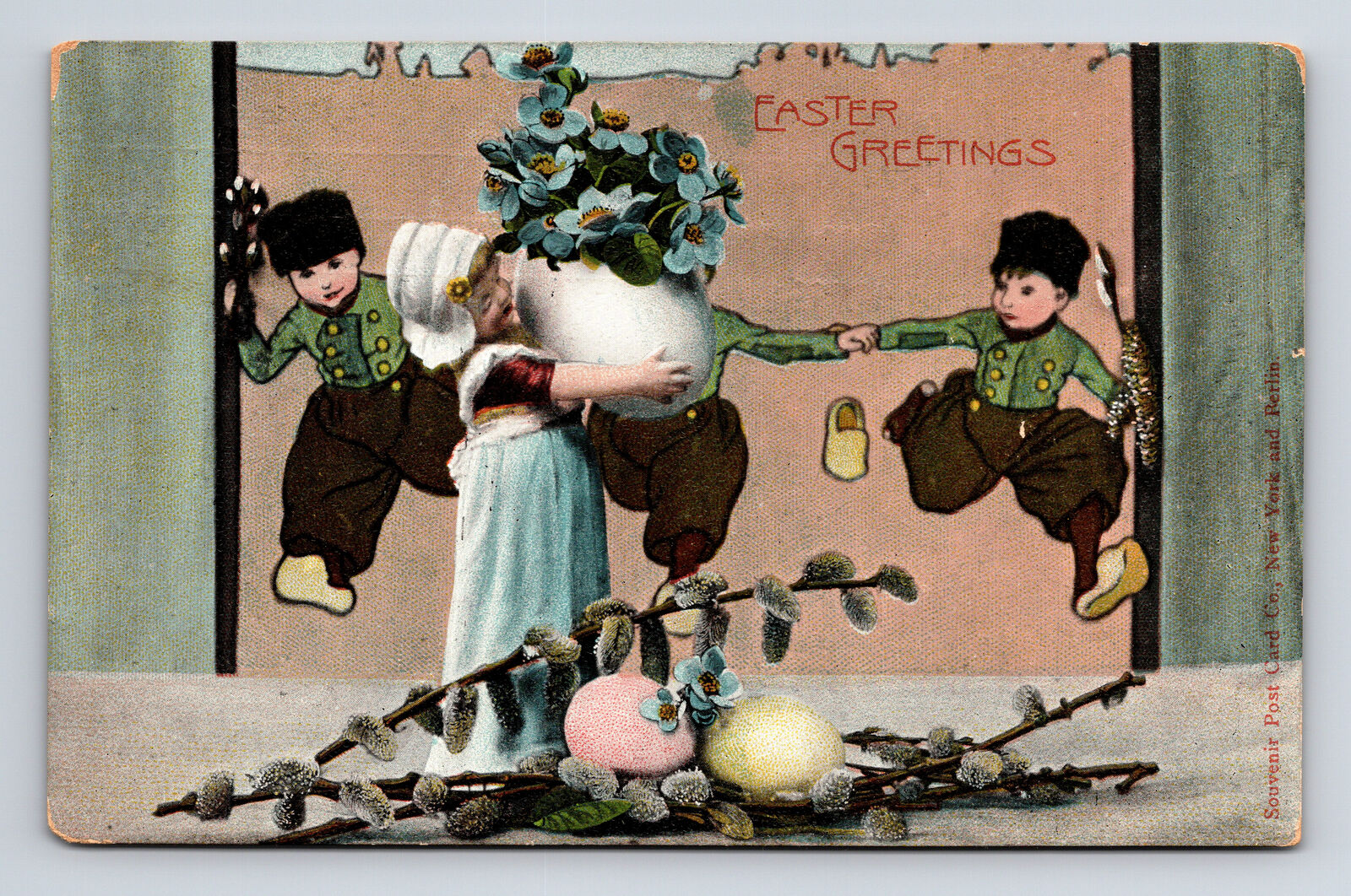 1909 Dutch Girl Carries Giant Egg Full of Forget Me Not Flowers Willows Postcard