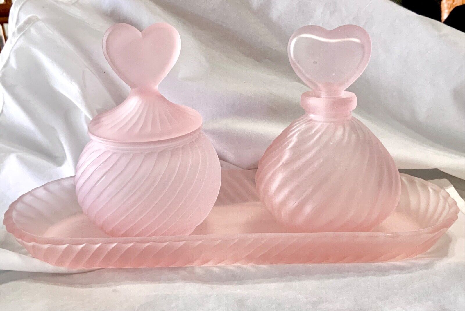VINTAGE DECO PINK FROSTED SATIN GLASS PERFUME BOTTLES AND TRAY POWDER JAR
