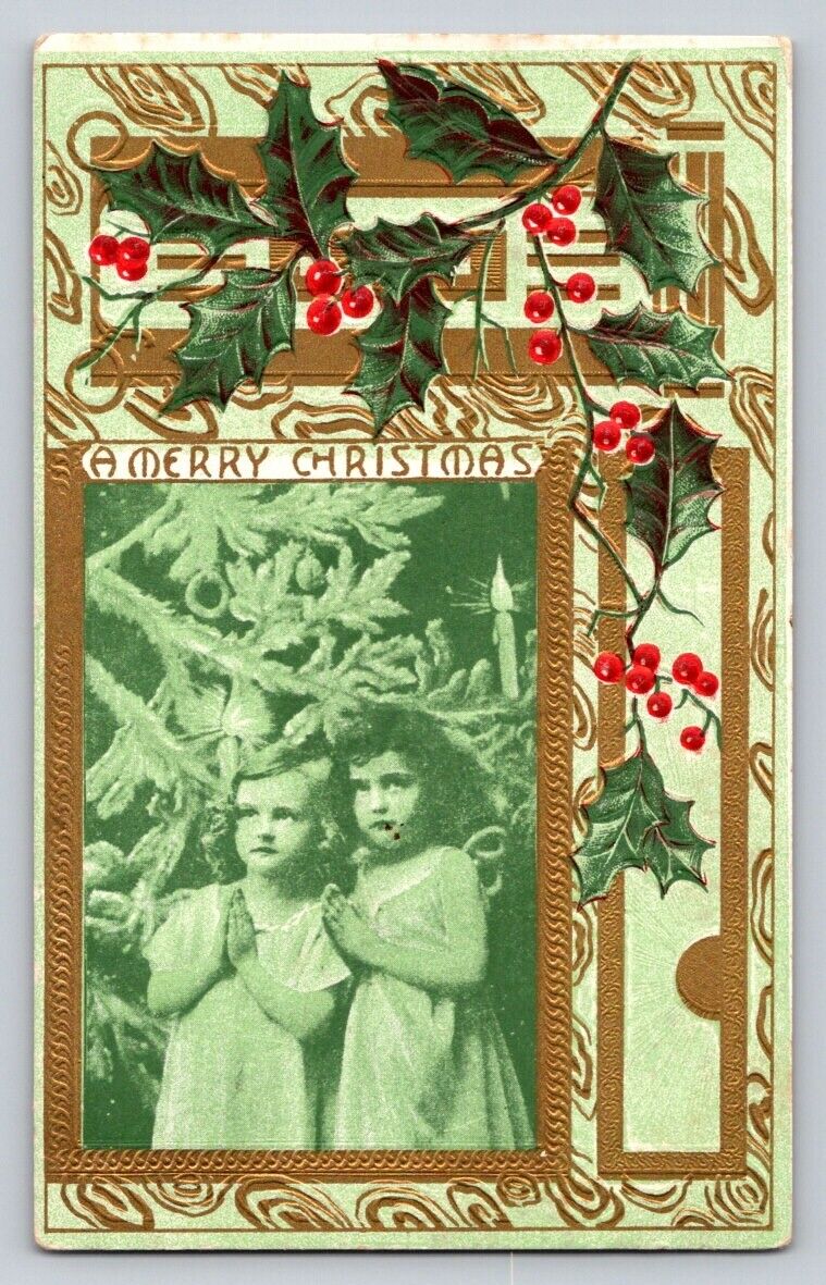 c1910 Girls Angels Tree Candles  Christmas P177A