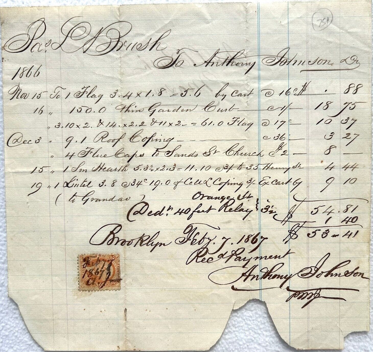Antique 1866 Handwritten Receipt For Landscaping Work Done in Brooklyn, NY