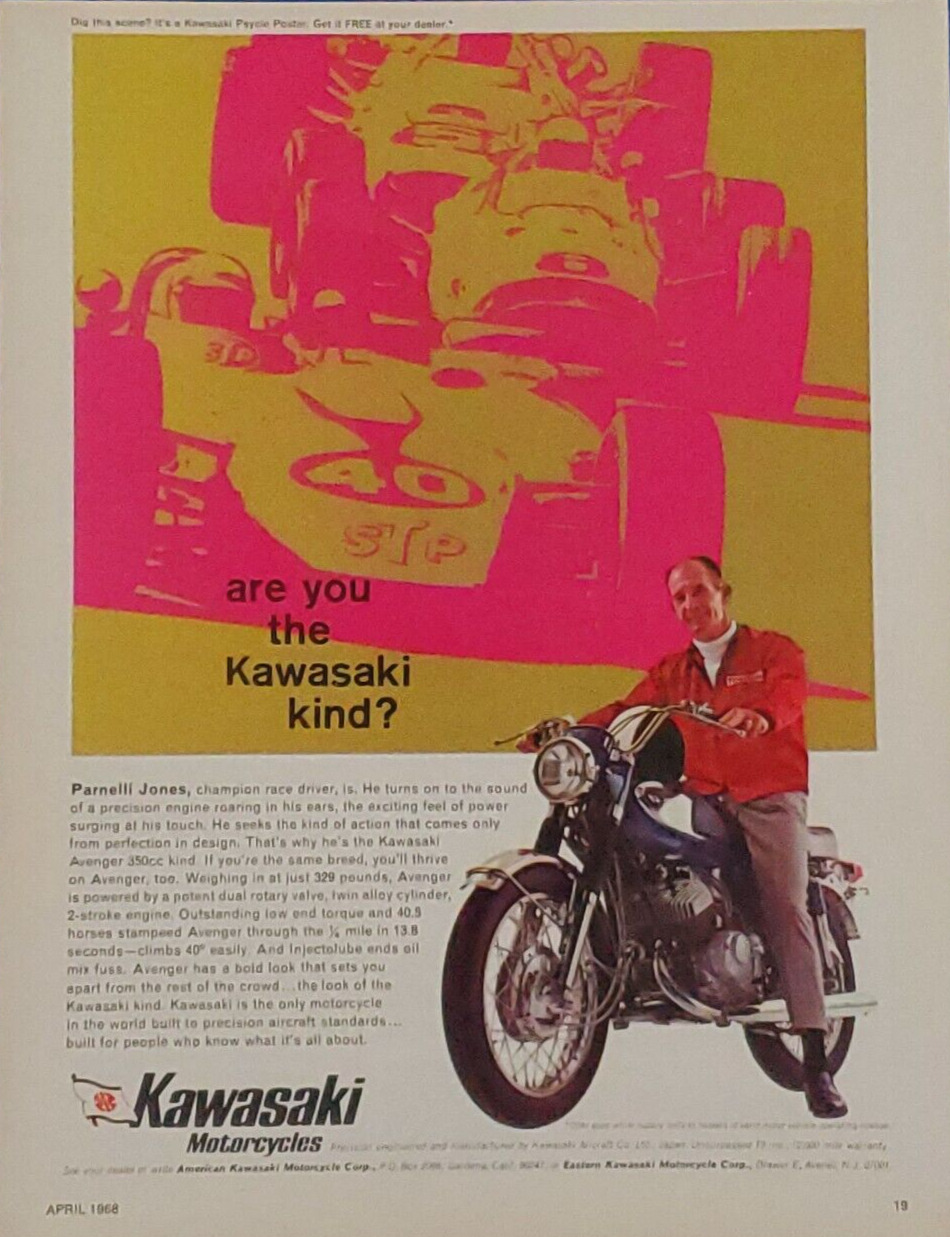 1968 KAWASAKI AVENGER 350cc MOTORCYCLE COLOR PRINT AD PARNELLI JONES RACER