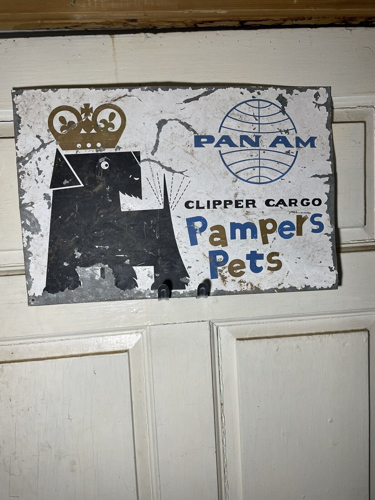 Vintage 1970s Pan Am Airlines Clipper Cargo Pampers Pets Dog Crate Metal Sign