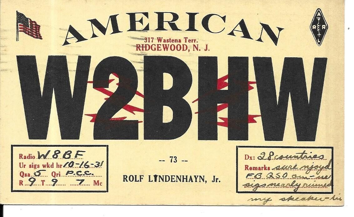 QSL 1931 Ridgewood New Jersey    radio card