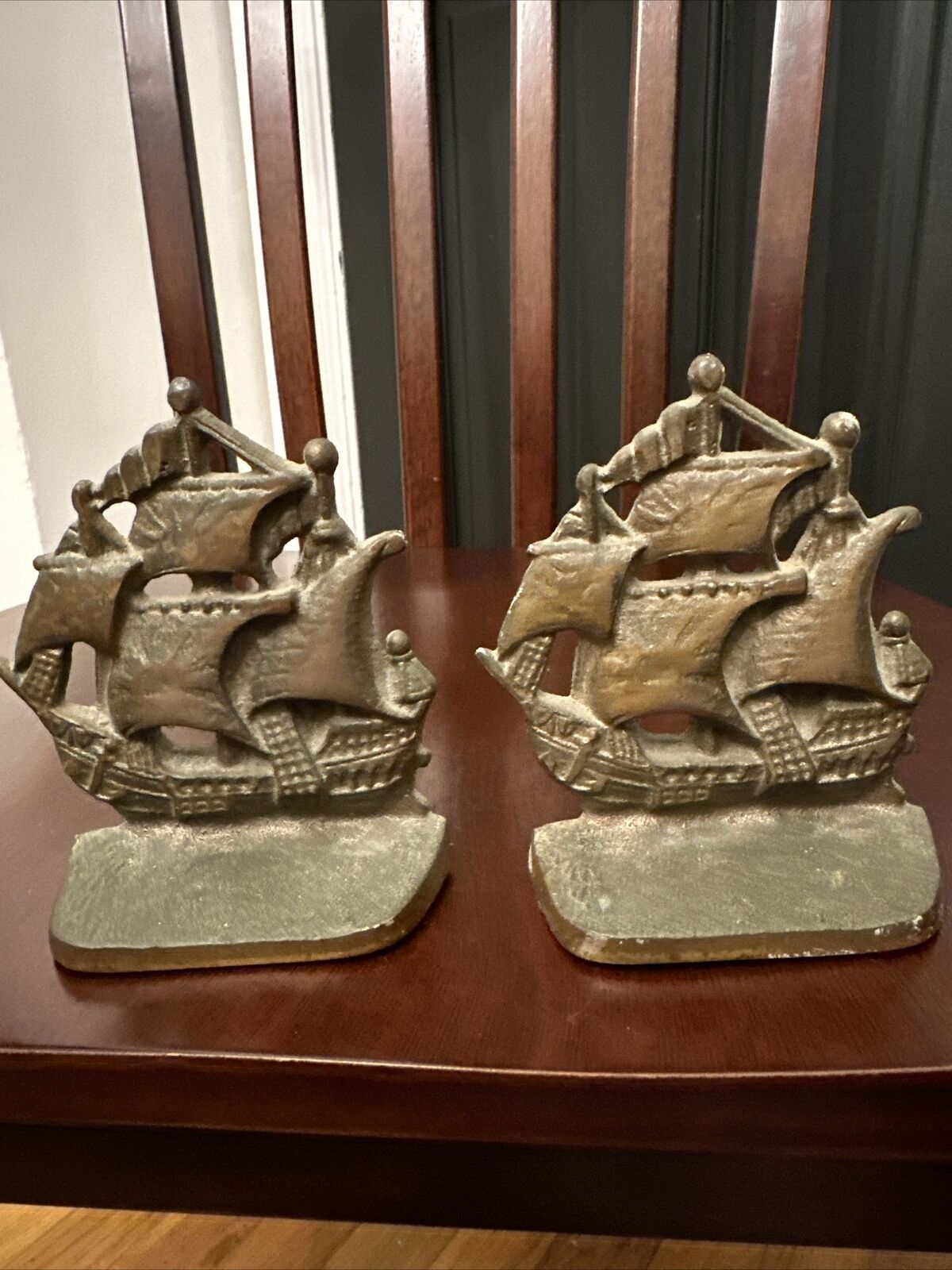 Vintage Clipper Sailing Ship Bookends Cast Iron with Bronze Finish Heavy - Set 2