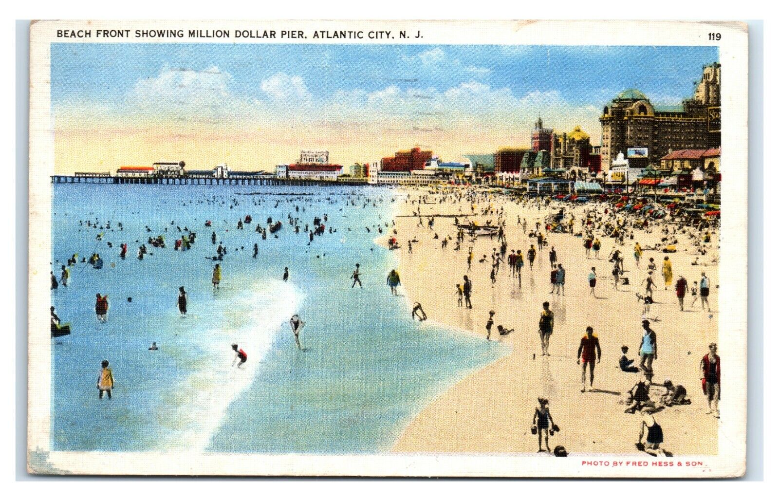 Postcard Beach front showing Million Dollar Pier, Atlantic City NJ 1934 C67