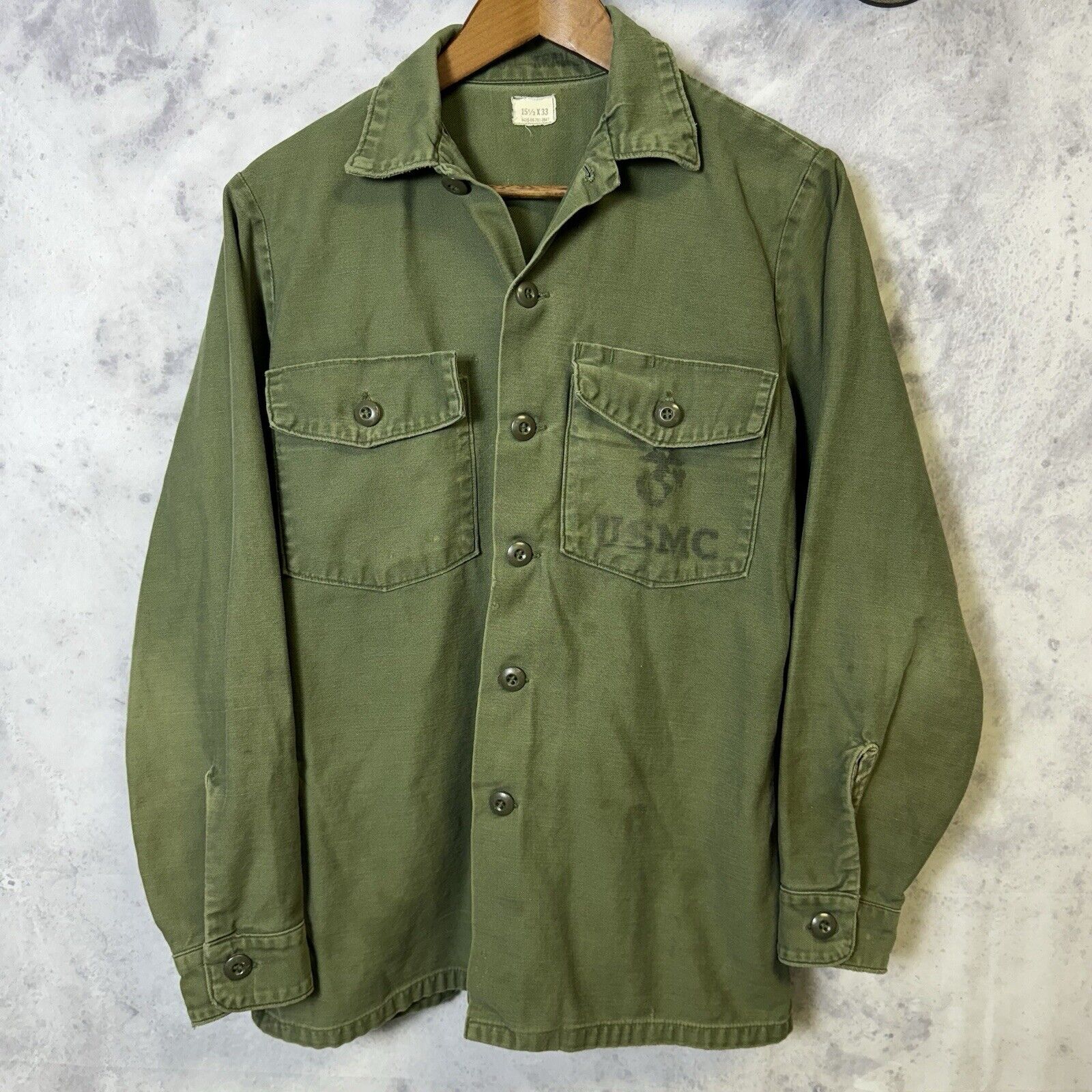 Vintage USMC OG-107 Sateen Shirt Mens 15.5x33 Green Military Button Up 