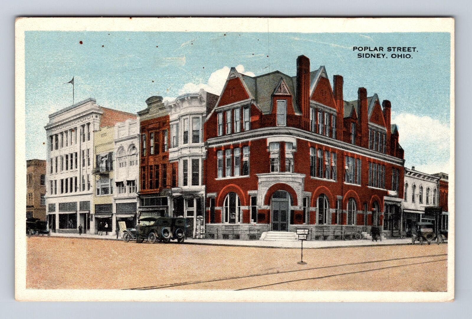 Sidney OH-Ohio, Poplar Street, Advertisement, Antique, Vintage Souvenir Postcard