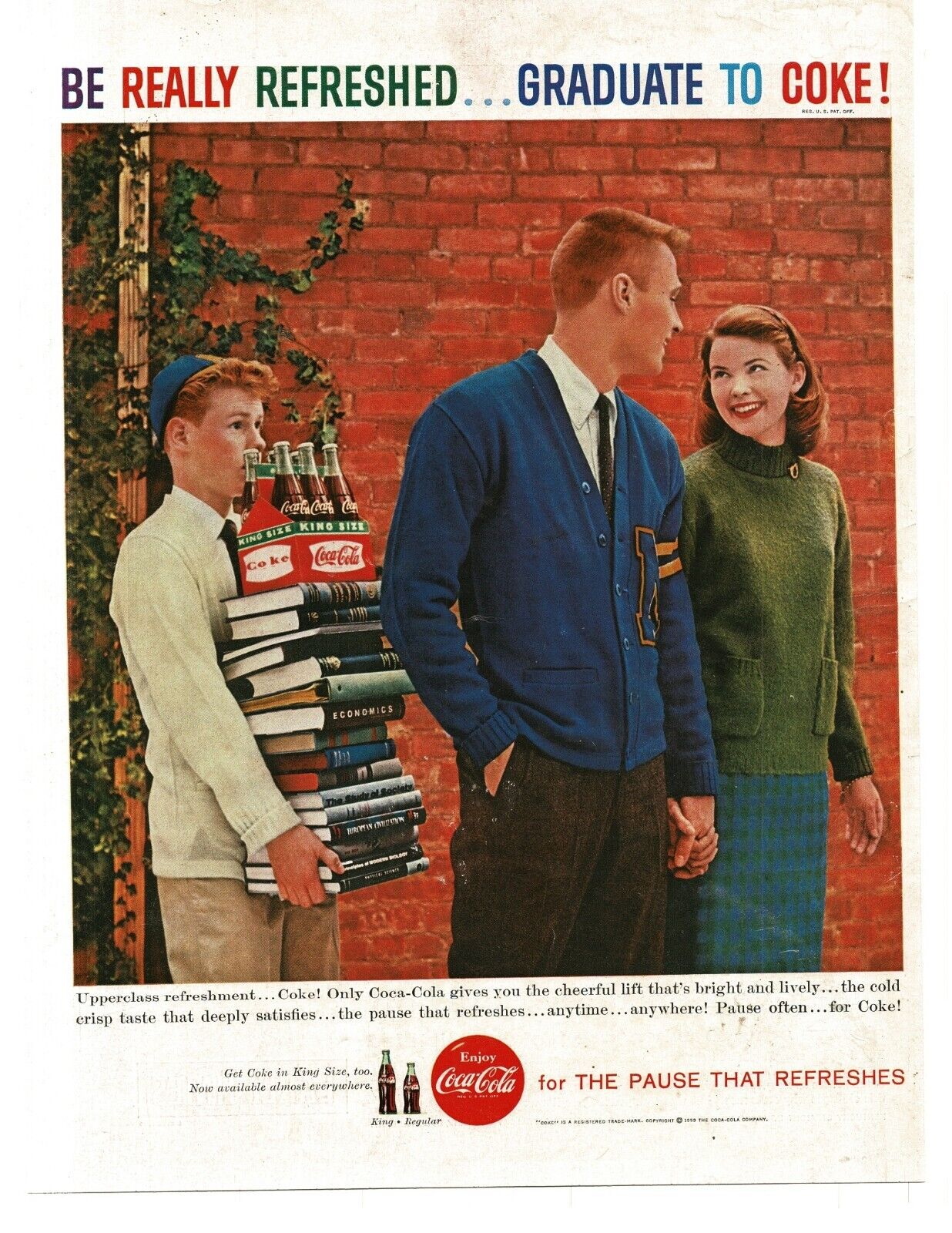 1959 Coca Cola Coke freshman carries books for senior & his girl funny Print Ad